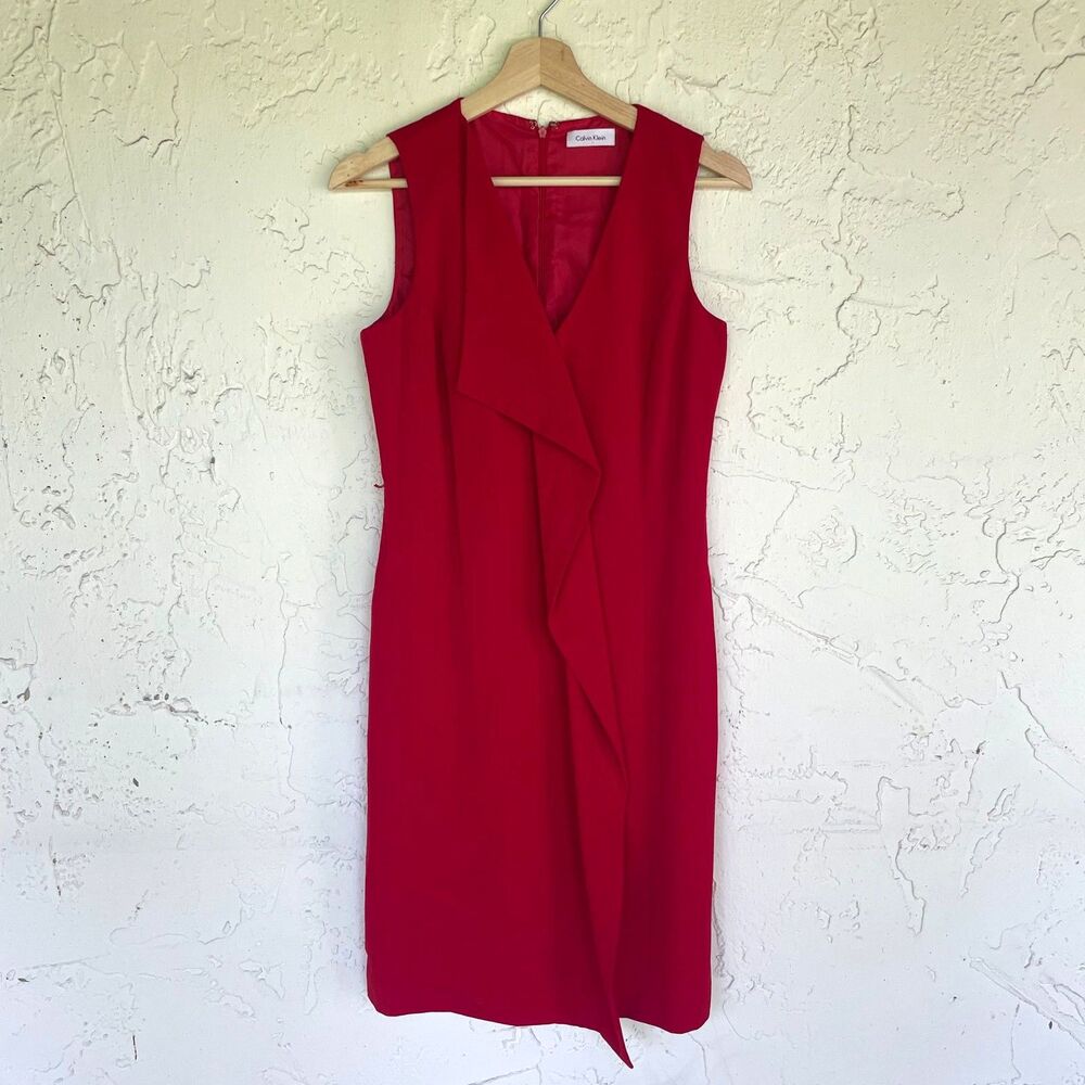 Calvin Klein Red Sleeveless Sheath Dress Ruffle Cascade Front V-Neck Lined